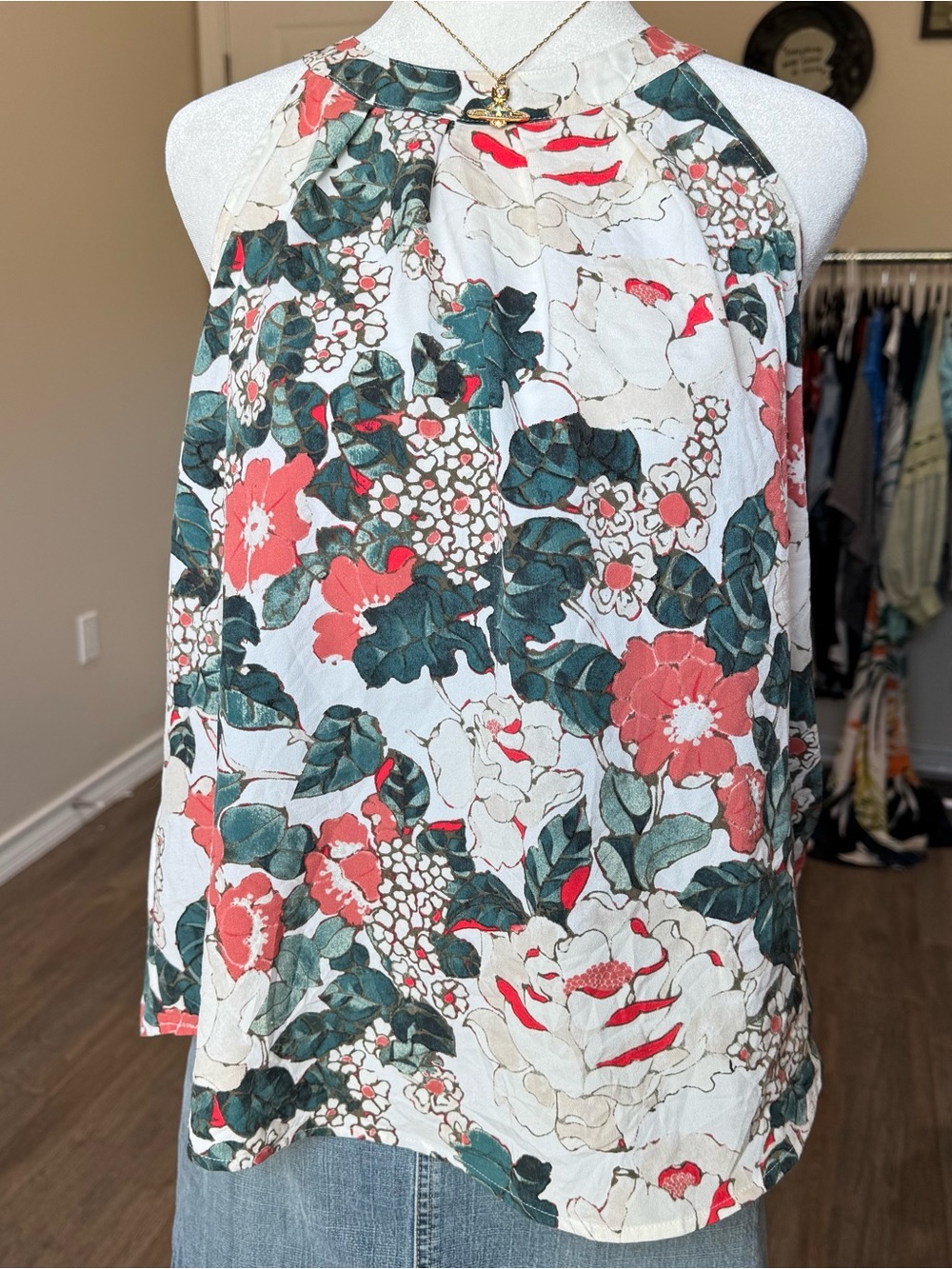 LOFT Green Red Floral High Neck Classy Western Women’s Petite Medium Tank Top